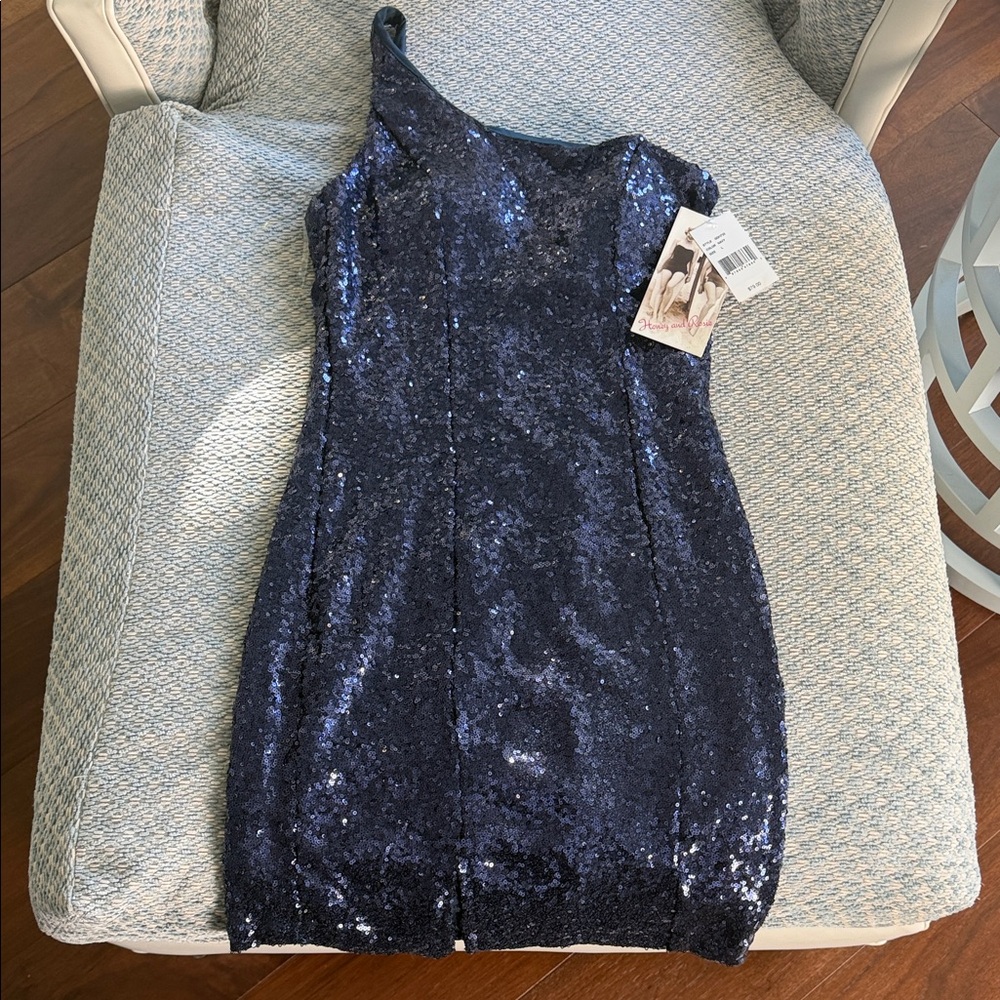 Honey and Rosie Navy Sequin One Shoulder Dress NWT